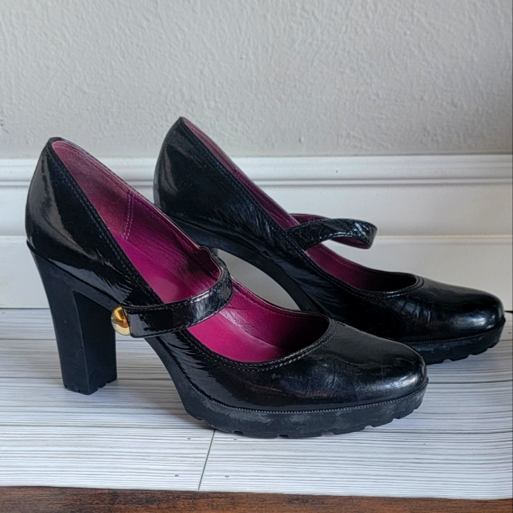 Coach Size 8 Black Patent Leather Chunky Heel Mary Janes